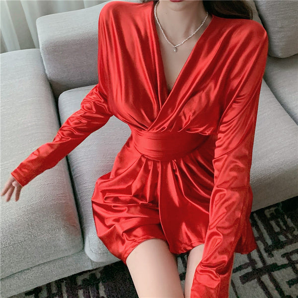 Sexy V Neck Irregular Long Sleeved High Waist Golden Gold Color Pleat Dress