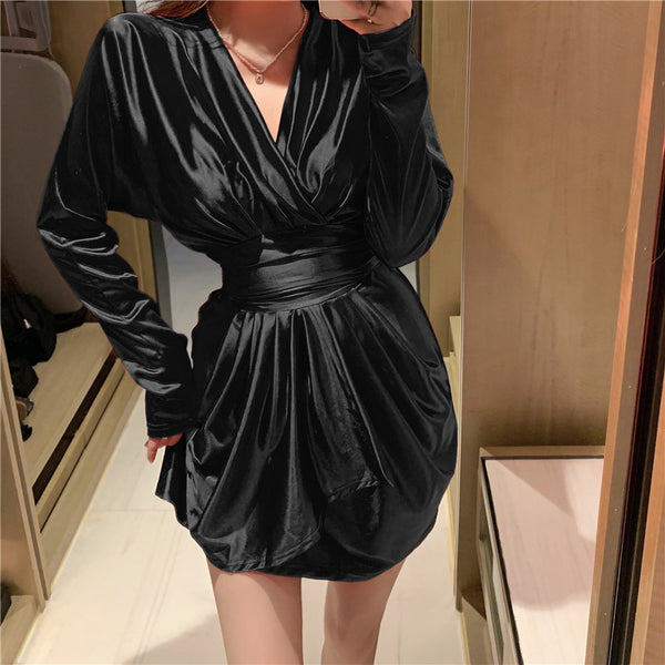 Sexy V Neck Irregular Long Sleeved High Waist Golden Gold Color Pleat Dress