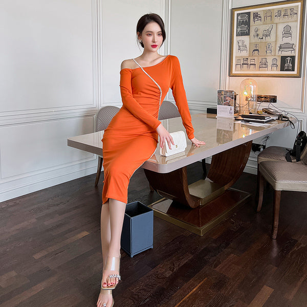 Sexy Beautiful Clubbing OL Orange Hip Long Skirt Slanted Shoulder Pencil Dress