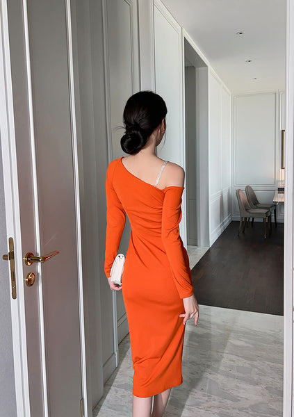 Sexy Beautiful Clubbing OL Orange Hip Long Skirt Slanted Shoulder Pencil Dress