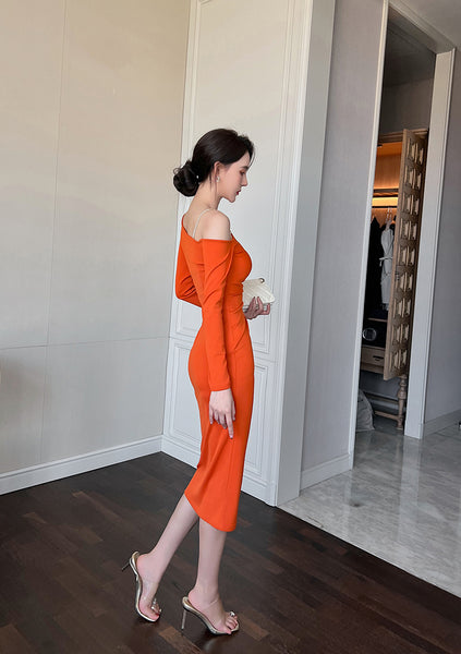Sexy Beautiful Clubbing OL Orange Hip Long Skirt Slanted Shoulder Pencil Dress