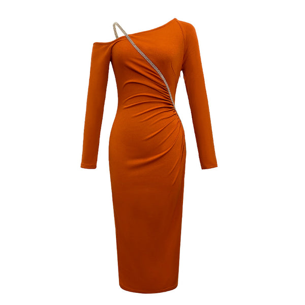 Sexy Beautiful Clubbing OL Orange Hip Long Skirt Slanted Shoulder Pencil Dress