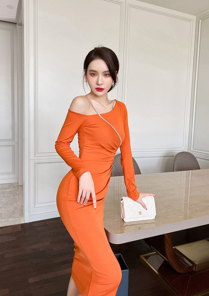 Sexy Beautiful Clubbing OL Orange Hip Long Skirt Slanted Shoulder Pencil Dress