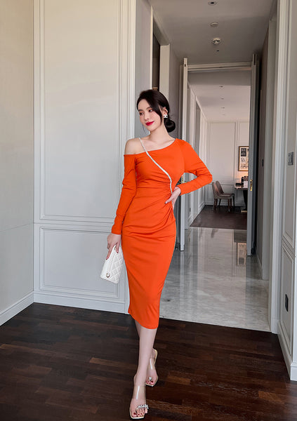 Sexy Beautiful Clubbing OL Orange Hip Long Skirt Slanted Shoulder Pencil Dress