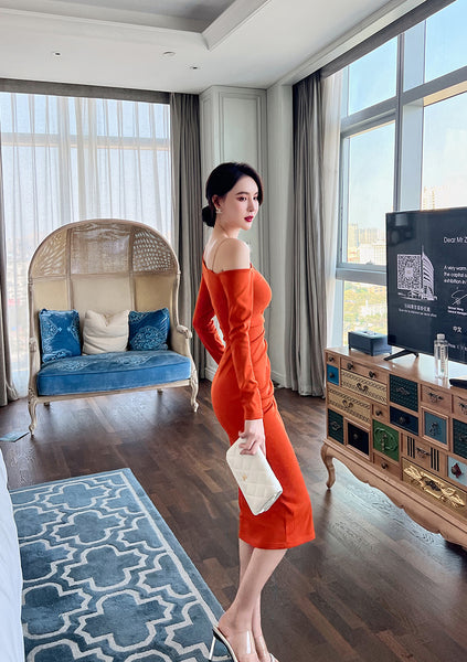 Sexy Beautiful Clubbing OL Orange Hip Long Skirt Slanted Shoulder Pencil Dress