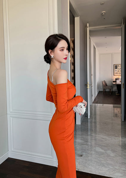 Sexy Beautiful Clubbing OL Orange Hip Long Skirt Slanted Shoulder Pencil Dress
