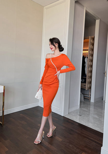 Sexy Beautiful Clubbing OL Orange Hip Long Skirt Slanted Shoulder Pencil Dress