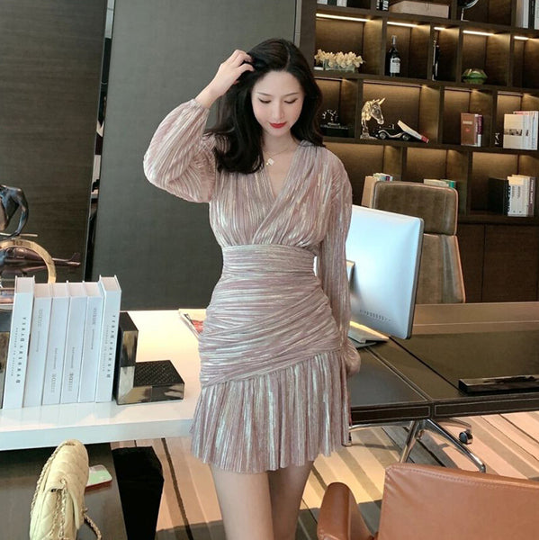 Trendy Sexy Elegant Shiny Pink V Neck Long Sleeves Waist Women Party Dress