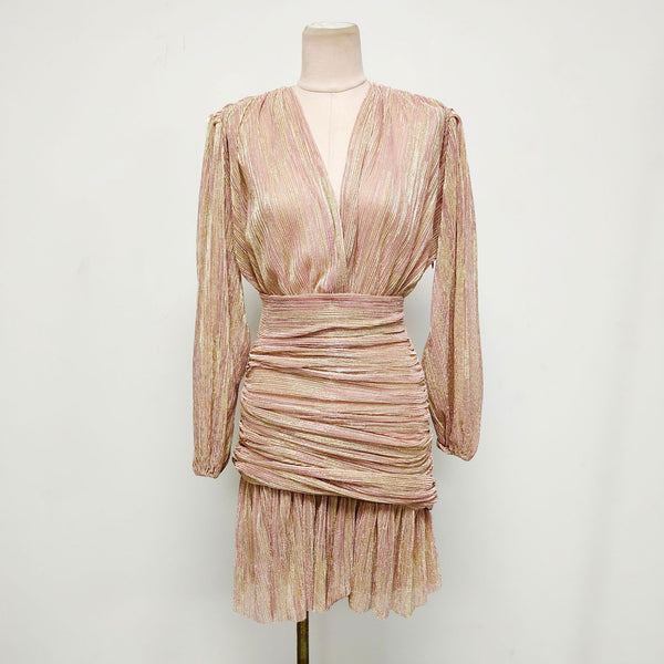 Trendy Sexy Elegant Shiny Pink V Neck Long Sleeves Waist Women Party Dress