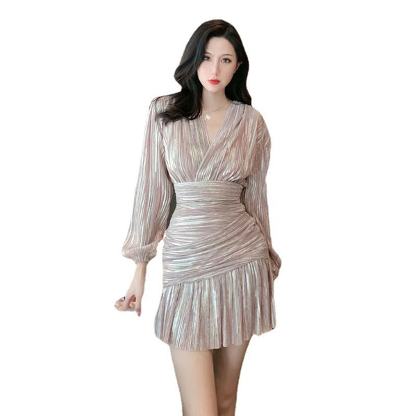 Trendy Sexy Elegant Shiny Pink V Neck Long Sleeves Waist Women Party Dress