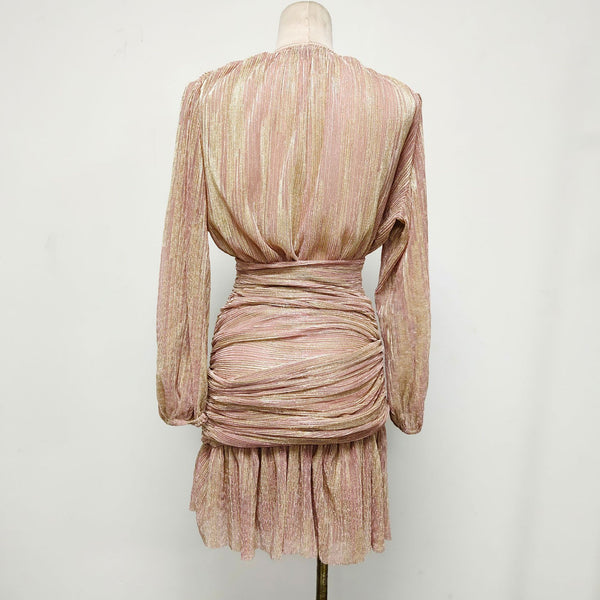 Trendy Sexy Elegant Shiny Pink V Neck Long Sleeves Waist Women Party Dress