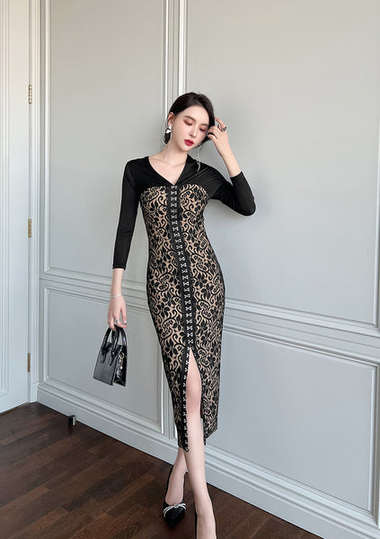 Temperament Office Ladies OL One shoulder Stitching Lace Front Bottom Slit Floral Pencil Dress