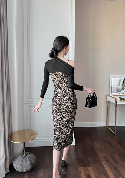 Temperament Office Ladies OL One shoulder Stitching Lace Front Bottom Slit Floral Pencil Dress