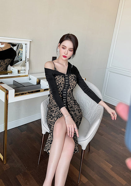 Temperament Office Ladies OL One shoulder Stitching Lace Front Bottom Slit Floral Pencil Dress
