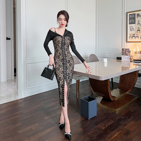 Temperament Office Ladies OL One shoulder Stitching Lace Front Bottom Slit Floral Pencil Dress