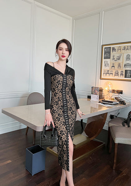 Temperament Office Ladies OL One shoulder Stitching Lace Front Bottom Slit Floral Pencil Dress