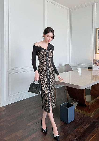 Temperament Office Ladies OL One shoulder Stitching Lace Front Bottom Slit Floral Pencil Dress