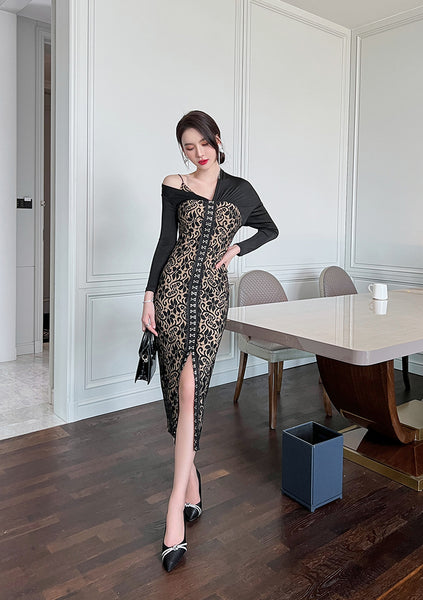 Temperament Office Ladies OL One shoulder Stitching Lace Front Bottom Slit Floral Pencil Dress
