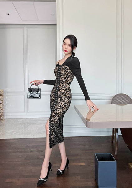 Temperament Office Ladies OL One shoulder Stitching Lace Front Bottom Slit Floral Pencil Dress