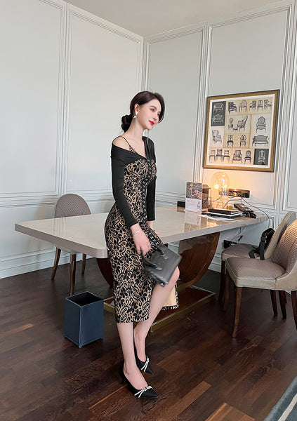 Temperament Office Ladies OL One shoulder Stitching Lace Front Bottom Slit Floral Pencil Dress