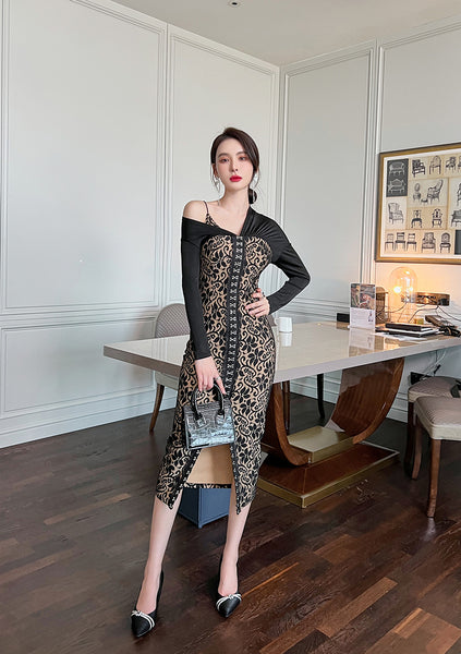 Temperament Office Ladies OL One shoulder Stitching Lace Front Bottom Slit Floral Pencil Dress