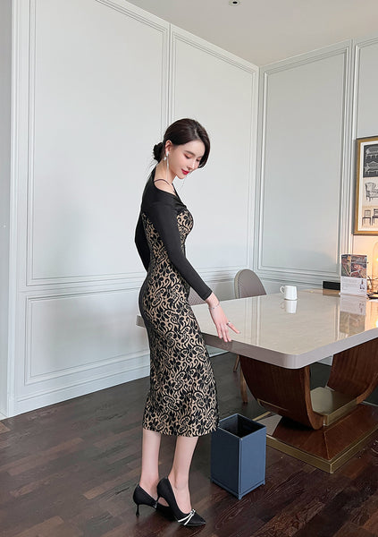 Temperament Office Ladies OL One shoulder Stitching Lace Front Bottom Slit Floral Pencil Dress
