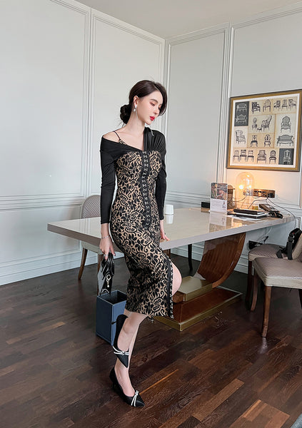 Temperament Office Ladies OL One shoulder Stitching Lace Front Bottom Slit Floral Pencil Dress