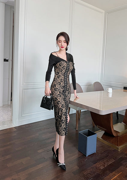 Temperament Office Ladies OL One shoulder Stitching Lace Front Bottom Slit Floral Pencil Dress
