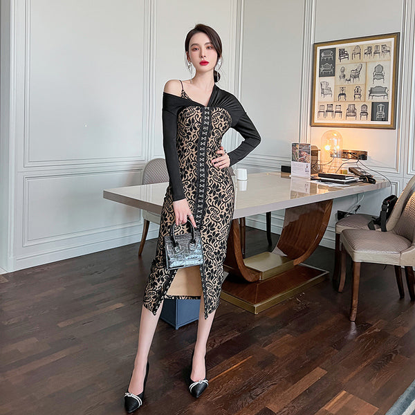 Temperament Office Ladies OL One shoulder Stitching Lace Front Bottom Slit Floral Pencil Dress