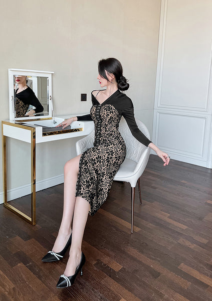 Temperament Office Ladies OL One shoulder Stitching Lace Front Bottom Slit Floral Pencil Dress