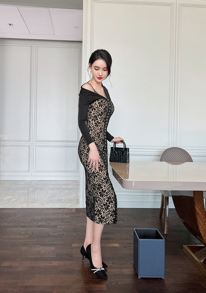 Temperament Office Ladies OL One shoulder Stitching Lace Front Bottom Slit Floral Pencil Dress