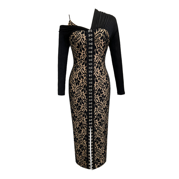 Temperament Office Ladies OL One shoulder Stitching Lace Front Bottom Slit Floral Pencil Dress