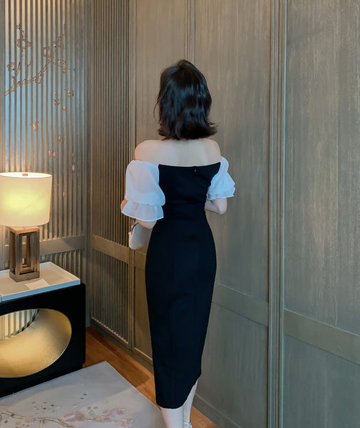 Evening Temperament Office Ladies OL Off Shoulder Front Bow Side Slit Pencil Black Dress