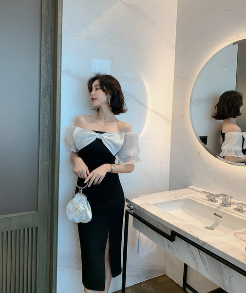 Evening Temperament Office Ladies OL Off Shoulder Front Bow Side Slit Pencil Black Dress