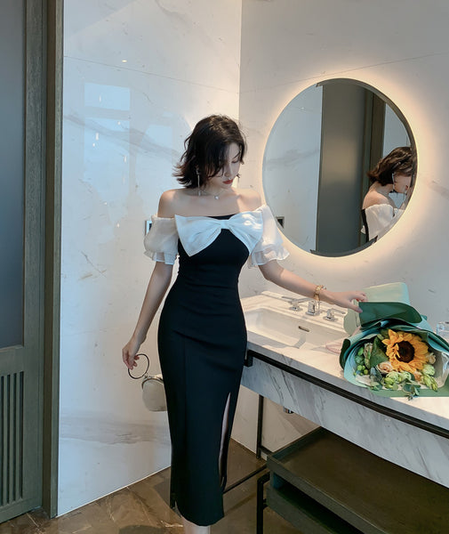 Evening Temperament Office Ladies OL Off Shoulder Front Bow Side Slit Pencil Black Dress
