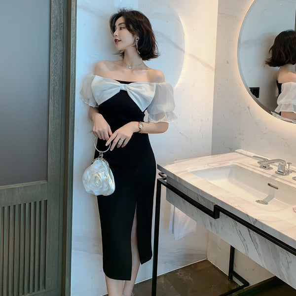 Evening Temperament Office Ladies OL Off Shoulder Front Bow Side Slit Pencil Black Dress