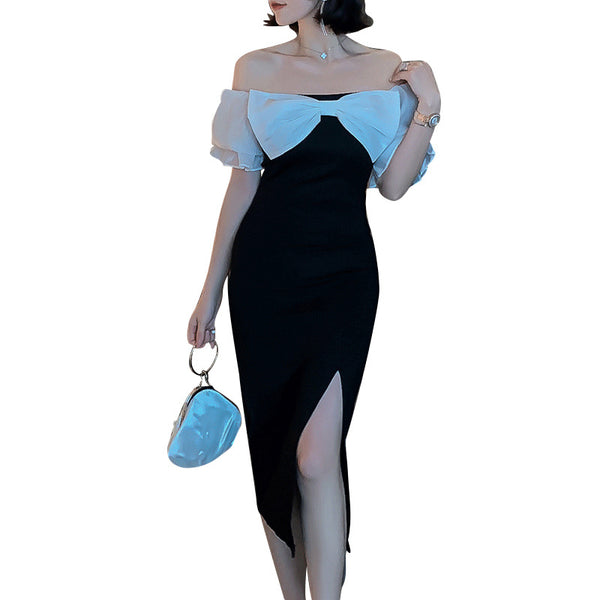 Evening Temperament Office Ladies OL Off Shoulder Front Bow Side Slit Pencil Black Dress