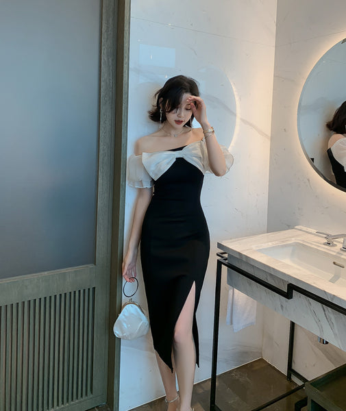 Evening Temperament Office Ladies OL Off Shoulder Front Bow Side Slit Pencil Black Dress