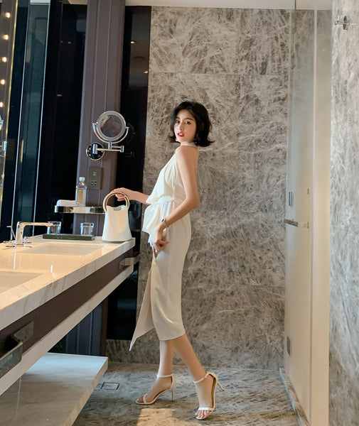 Evening Temperament Elegant Women White Halter Neck strapless Side Slit Holiday Party Dress