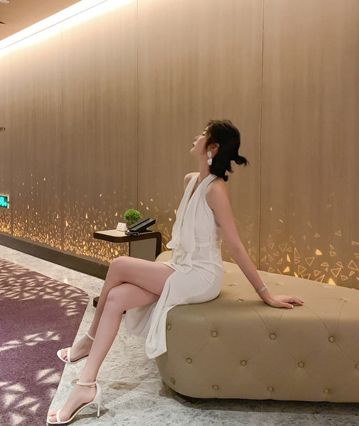 Evening Temperament Elegant Women White Halter Neck strapless Side Slit Holiday Party Dress