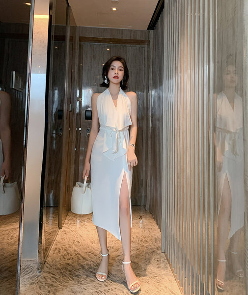 Evening Temperament Elegant Women White Halter Neck strapless Side Slit Holiday Party Dress