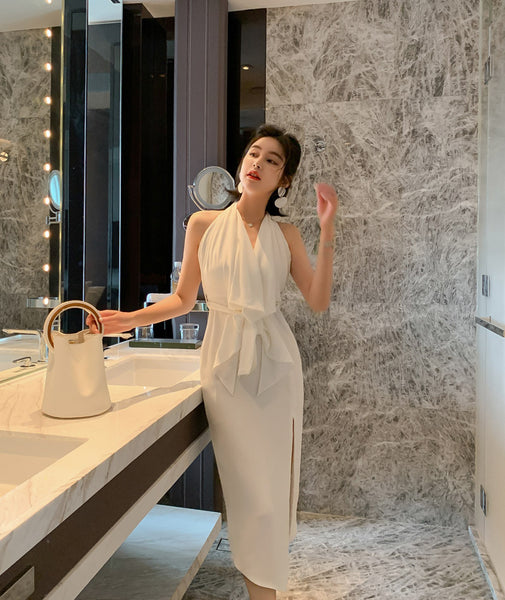 Evening Temperament Elegant Women White Halter Neck strapless Side Slit Holiday Party Dress