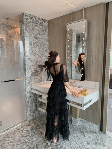 Fairy Summer Charm Women Black Collar Ruffle Lace Mesh Cake A Line Long Dress