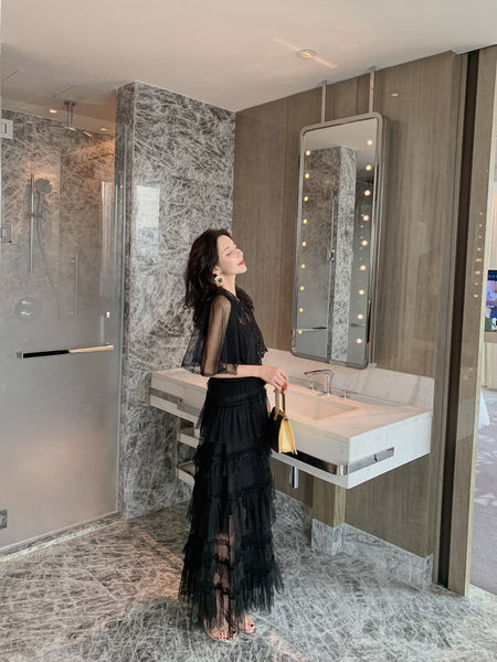 Fairy Summer Charm Women Black Collar Ruffle Lace Mesh Cake A Line Long Dress