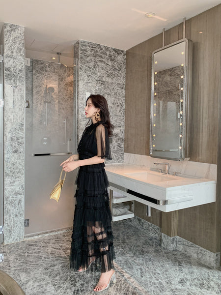 Fairy Summer Charm Women Black Collar Ruffle Lace Mesh Cake A Line Long Dress