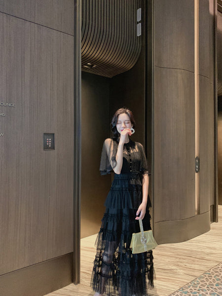 Fairy Summer Charm Women Black Collar Ruffle Lace Mesh Cake A Line Long Dress