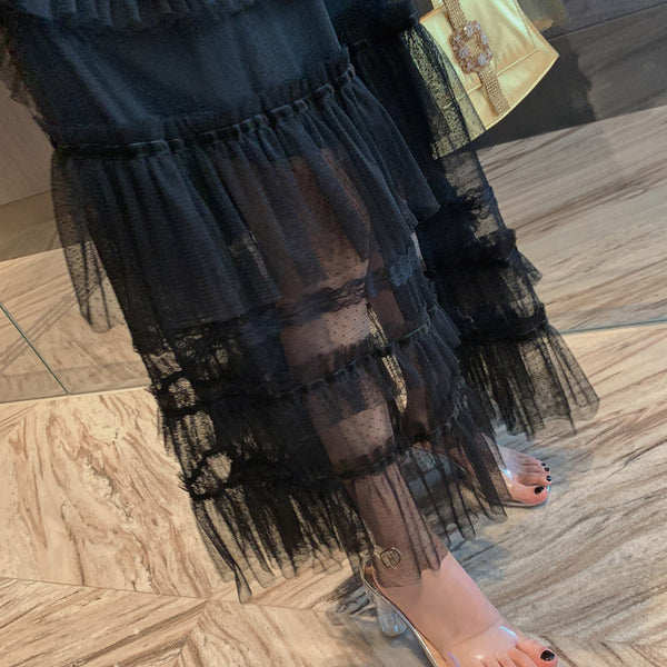 Fairy Summer Charm Women Black Collar Ruffle Lace Mesh Cake A Line Long Dress