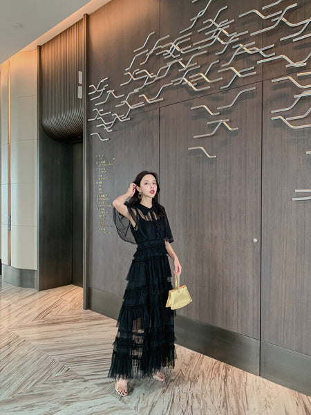Fairy Summer Charm Women Black Collar Ruffle Lace Mesh Cake A Line Long Dress
