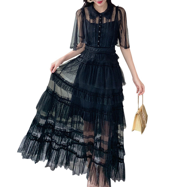 Fairy Summer Charm Women Black Collar Ruffle Lace Mesh Cake A Line Long Dress