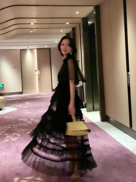 Fairy Summer Charm Women Black Collar Ruffle Lace Mesh Cake A Line Long Dress